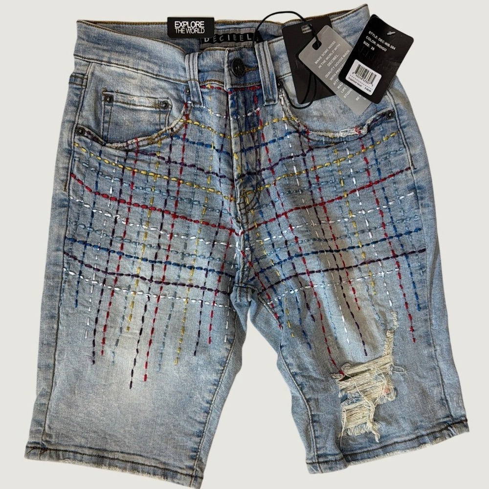 Decibel Embroidered Distressed Denim Shorts Indigo Blue DEC-WB-384 Size 28 NWT